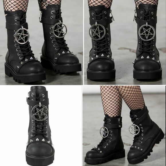 Killstar Black Pentagram Spiked Ring Me Up SZ 9 Boots NWT & Box Platform Combat - Picture 9 of 11